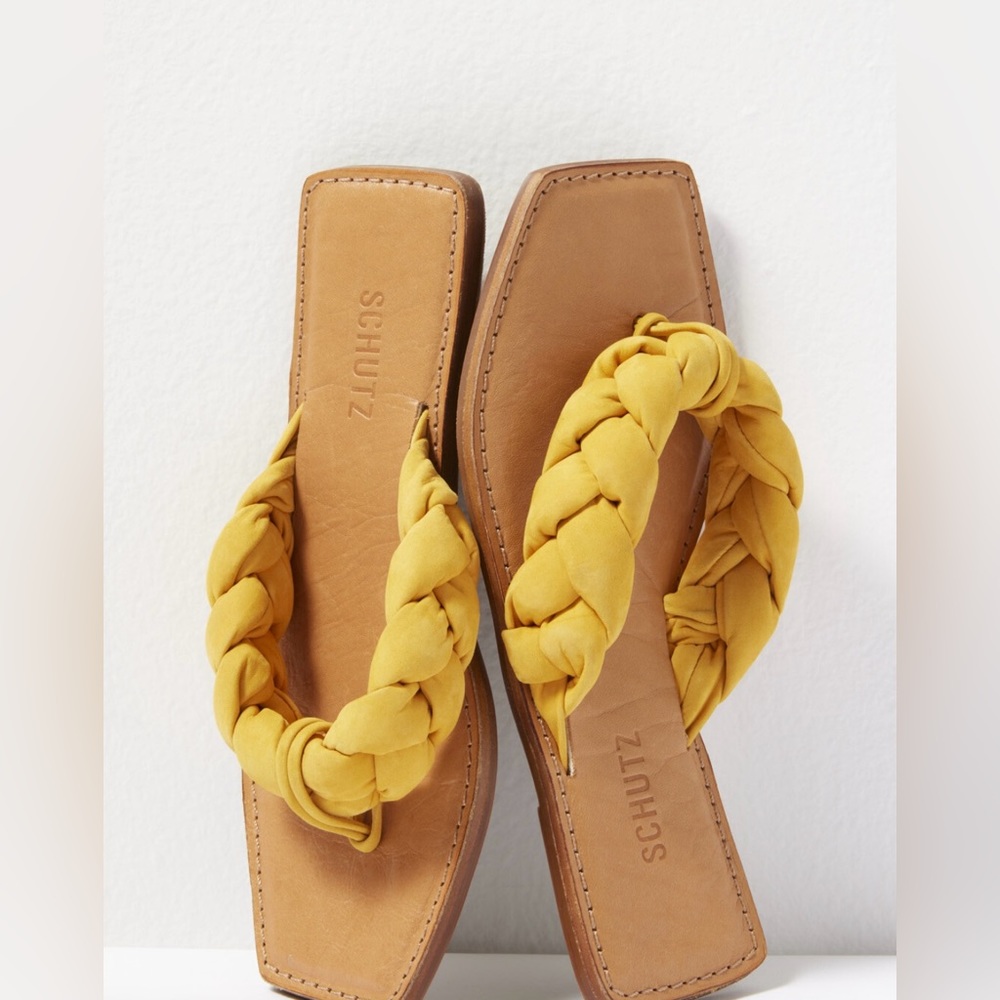 NIB Schutz Cicely Square Toe Casual Braided Leather Flat Sandals in Marygold